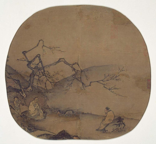 A Chinese painting of two scholars (and an attendant) conversing beneath a plum tree.